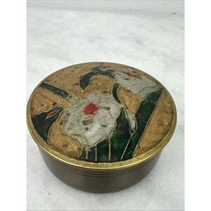 Vintage Brass And Enamel Trinket Dish With Gold And Floral Lid